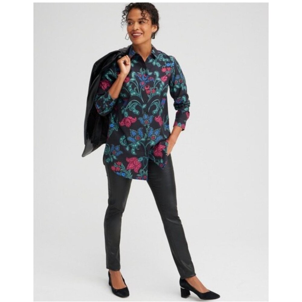 Chicos Womens Shirt Floral Button-Up Size 4 Black/Red/Blue Long Sleeve